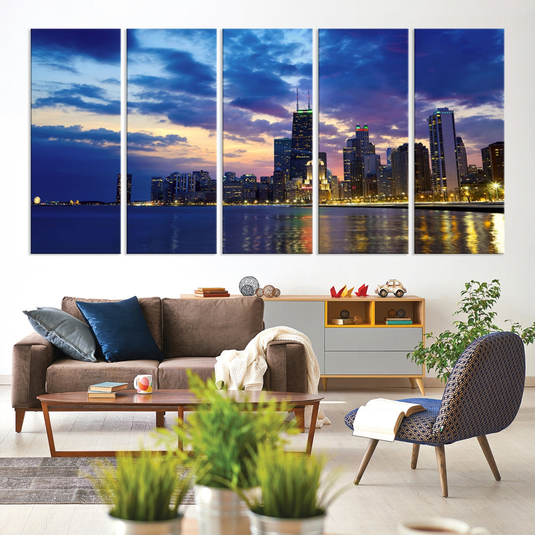 Blue Chicago Night Skyline Downtown Cityscape Large Wall Art Canvas Print