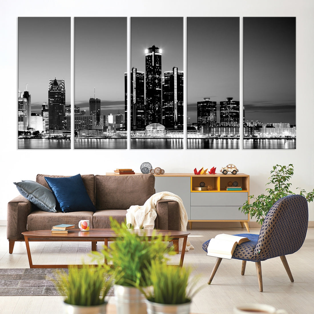 Extra Large Detroit Skyline Black and White Cityscape Wall Art Canvas Print