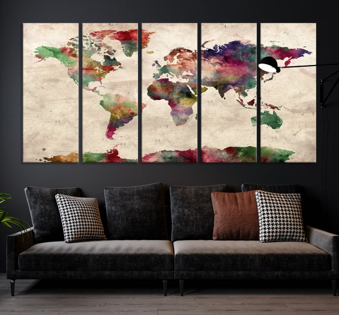 Colorful Watercolor World Map Framed Canvas Wall Art Giclee Print