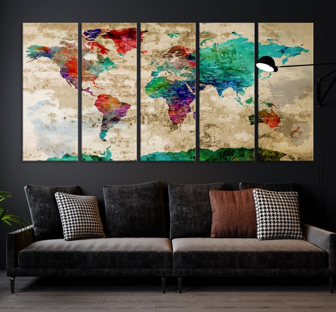 Multi Panel World Map with Push Pins Detailed Map Canvas Wall Art Print