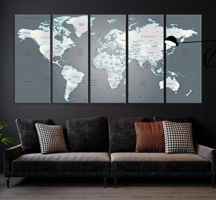 Gray World Map Push Pin Travel Map Canvas Wall Art Giclee Print