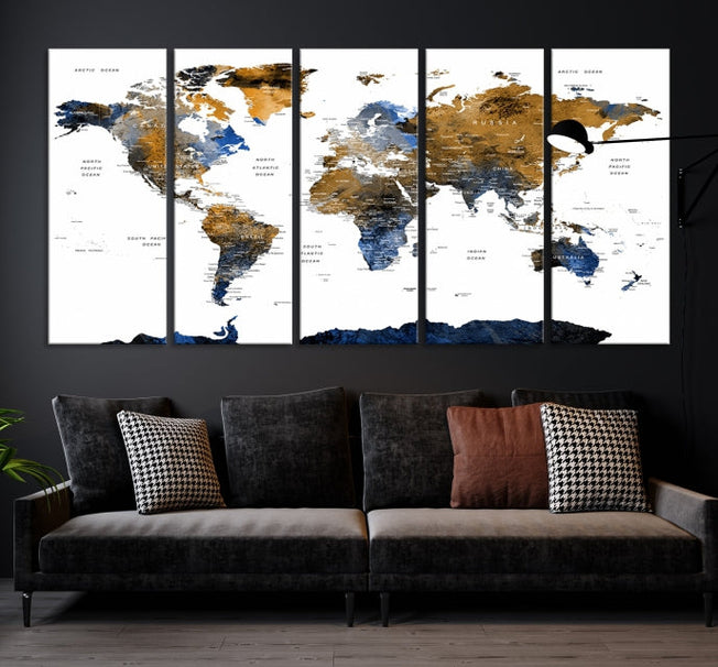Extra Large Dark Colored Blue Brown World Map Wall Art Canvas Print