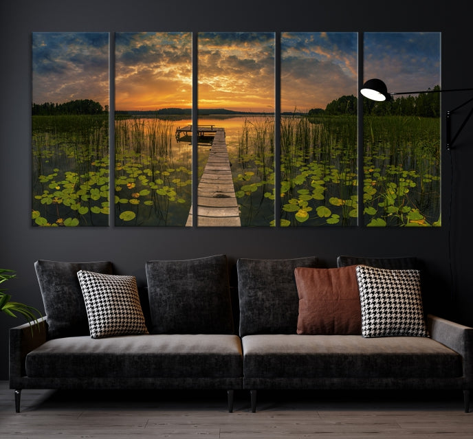 Flowers and Sunset at Lake Wall Art Natural Landscape Canvas Print