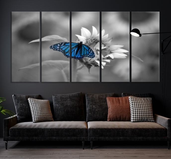 Pretty Blue Butterfly Black and White Canvas Wall Art Print Framed Ready to Hang