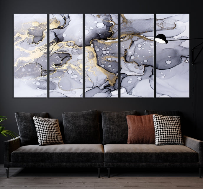 Gray Gold Abstract Painting on Giclee Canvas Wall Art Print Framed