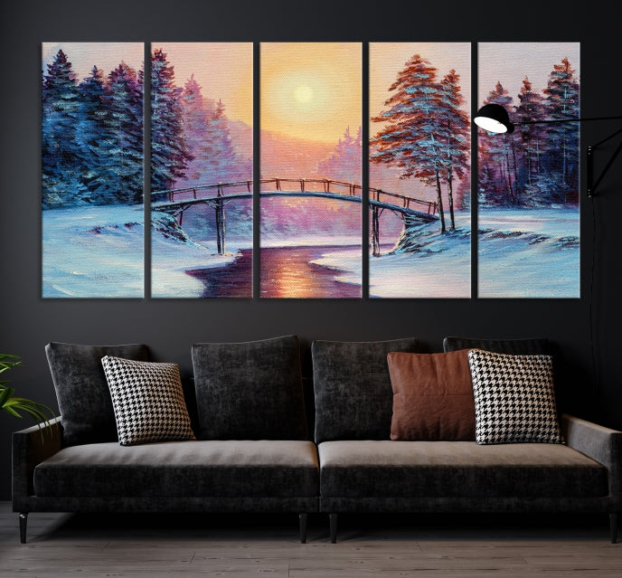 Beautiful Winter Landscape Painting Snowy Bridge Giclee Canvas Extra Large Wall Art Print