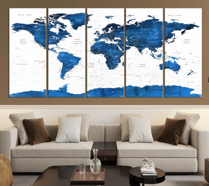 Blue Extra Large Framed Push Pin World Map Wall Art Canvas Print