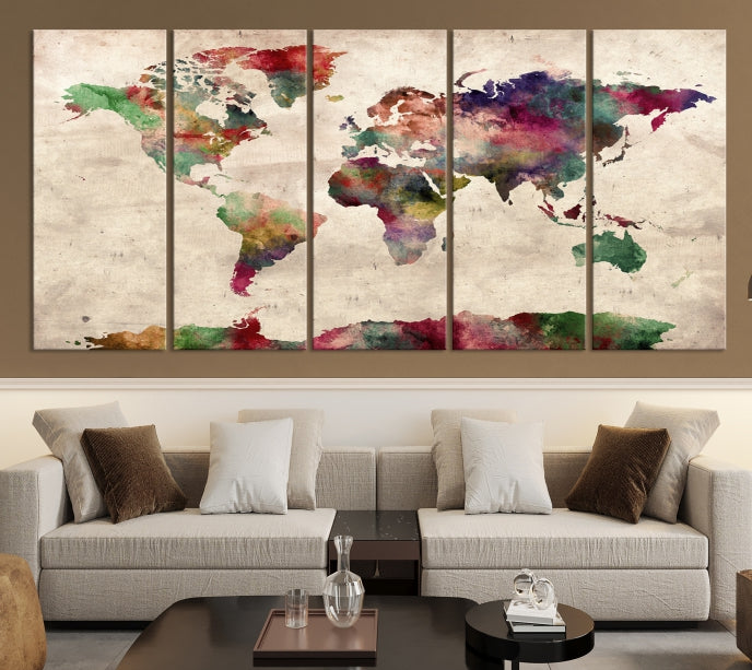 Colorful Watercolor World Map Framed Canvas Wall Art Giclee Print