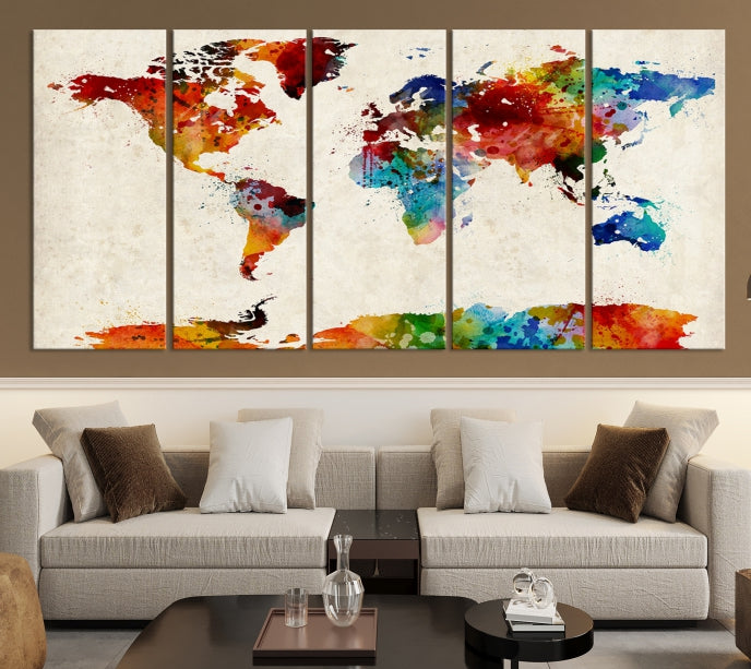 Large Wall Art World Map Watercolor Canvas Print