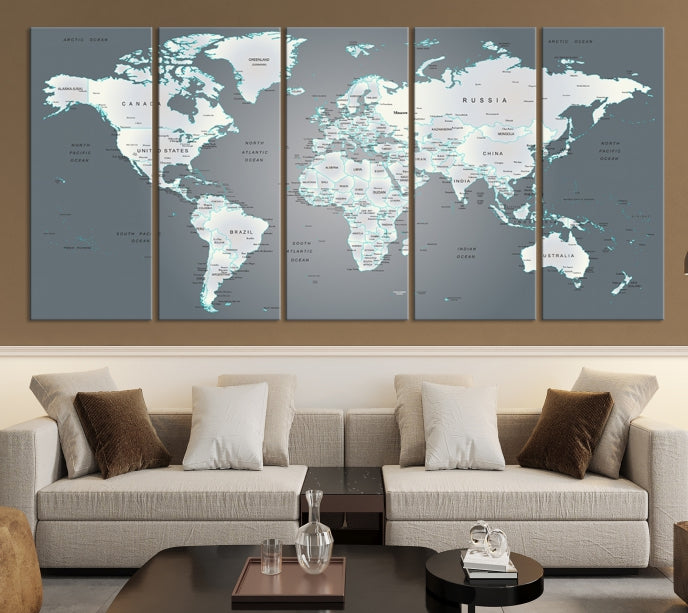 Gray World Map Push Pin Travel Map Canvas Wall Art Giclee Print