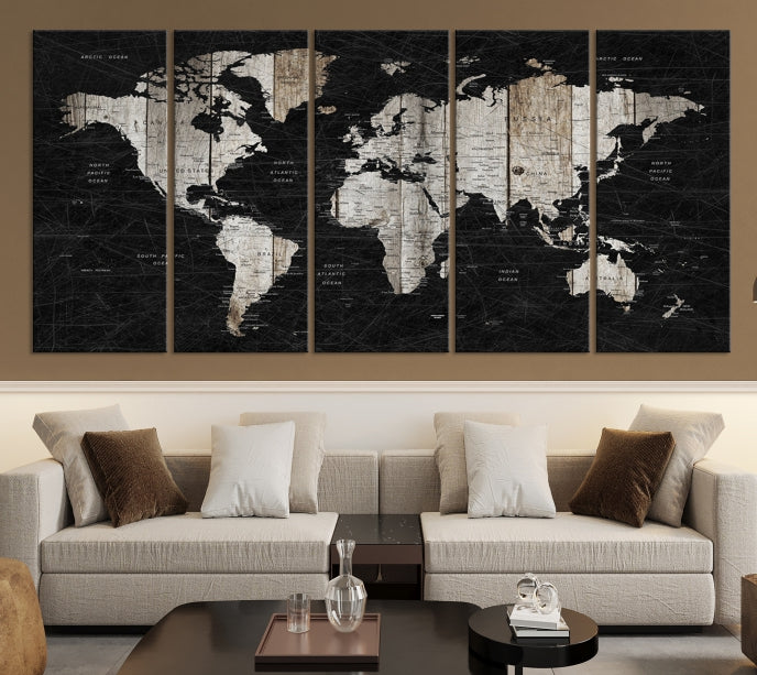 Black Push Pin World Map Detailed Framed Wall Art Canvas Print