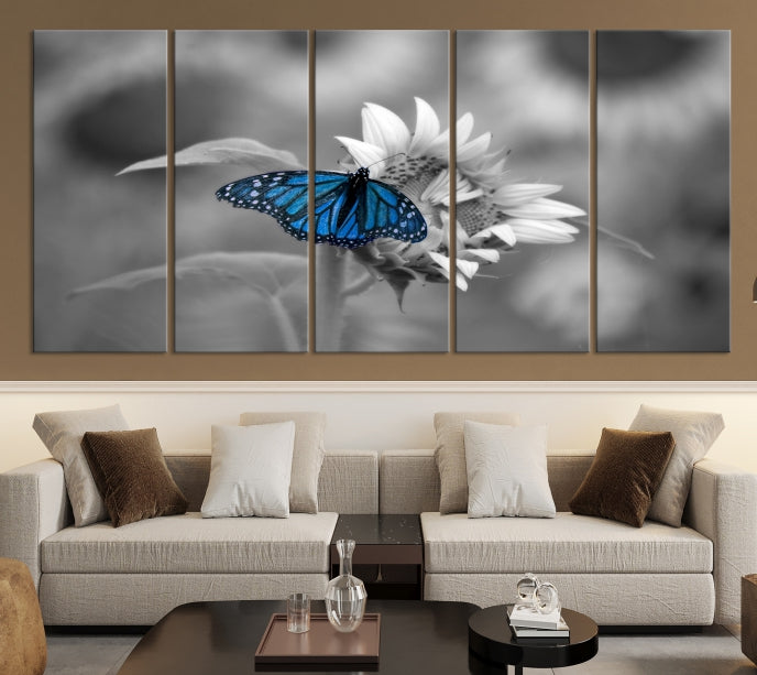 Pretty Blue Butterfly Black and White Canvas Wall Art Print Framed Ready to Hang