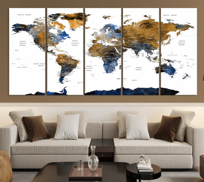 Push Pin Watercolor World Map Framed Canvas Wall Art Print