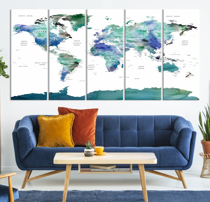Vivid Colored World Map Push Pin Travel Map Canvas Wall Art Giclee Print