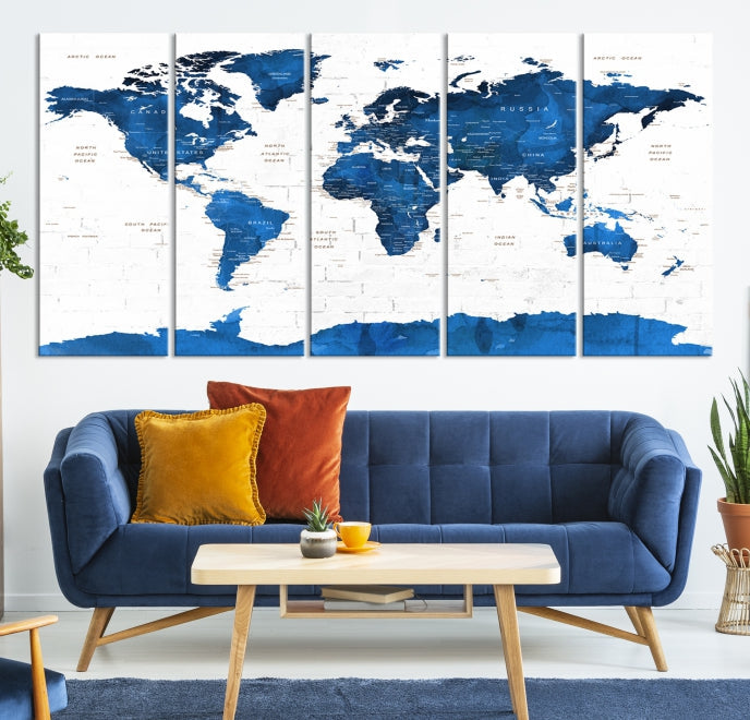 Blue Extra Large Framed Push Pin World Map Wall Art Canvas Print