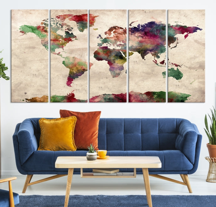 Colorful Watercolor World Map Framed Canvas Wall Art Giclee Print