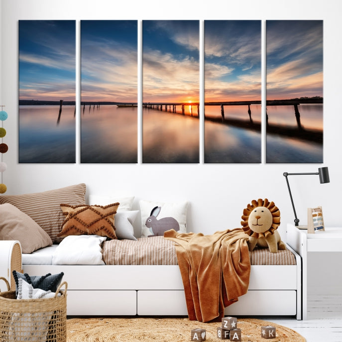 Wooden Pier at Sunset Seascape Wall Art Canvas Print for Home Office Decor