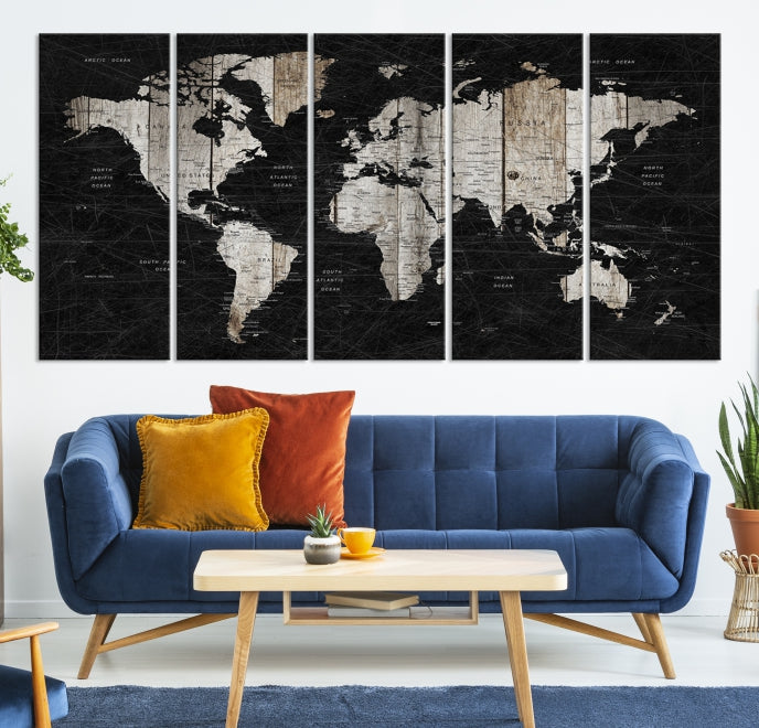 Black Push Pin World Map Detailed Framed Wall Art Canvas Print