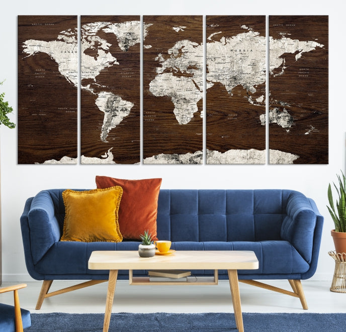 White Coloured World Map on Brown Background Large Canvas Print Wall Art