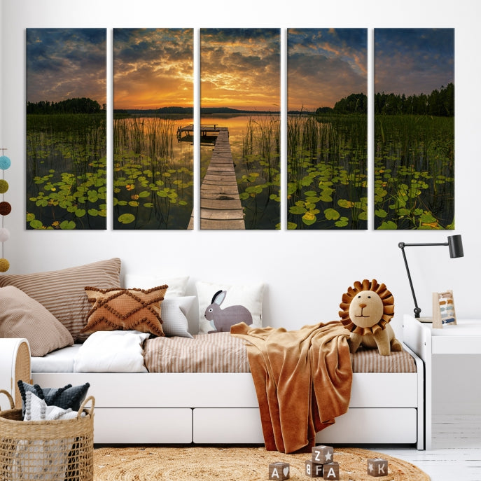 Flowers and Sunset at Lake Wall Art Natural Landscape Canvas Print