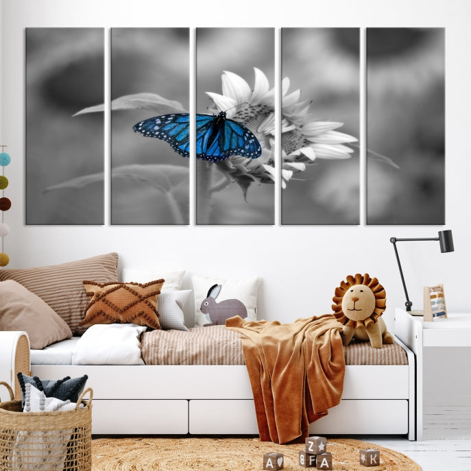 Pretty Blue Butterfly Black and White Canvas Wall Art Print Framed Ready to Hang