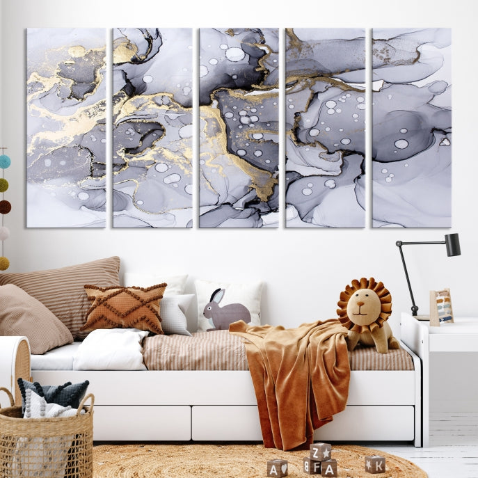 Gray Gold Abstract Painting on Giclee Canvas Wall Art Print Framed