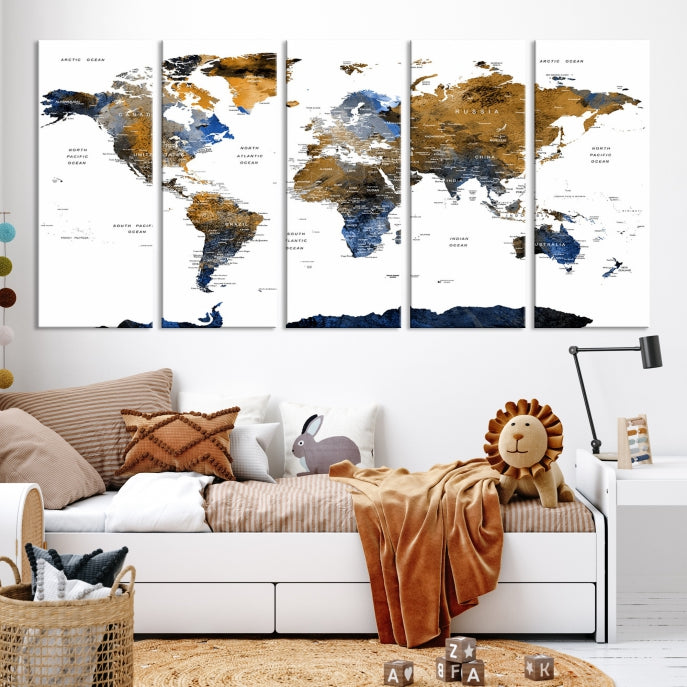 Push Pin Watercolor World Map Framed Canvas Wall Art Print