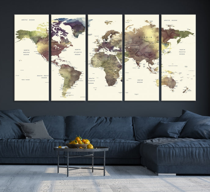 Vivid Colors Detailed World Map Wall Art Push Pin Travel Map Canvas Print