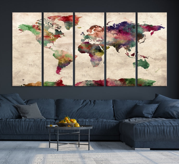 Colorful Watercolor World Map Framed Canvas Wall Art Giclee Print