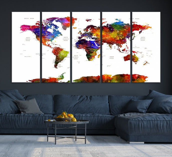 Extra Large Colorful World Map Framed Canvas Wall Art Print