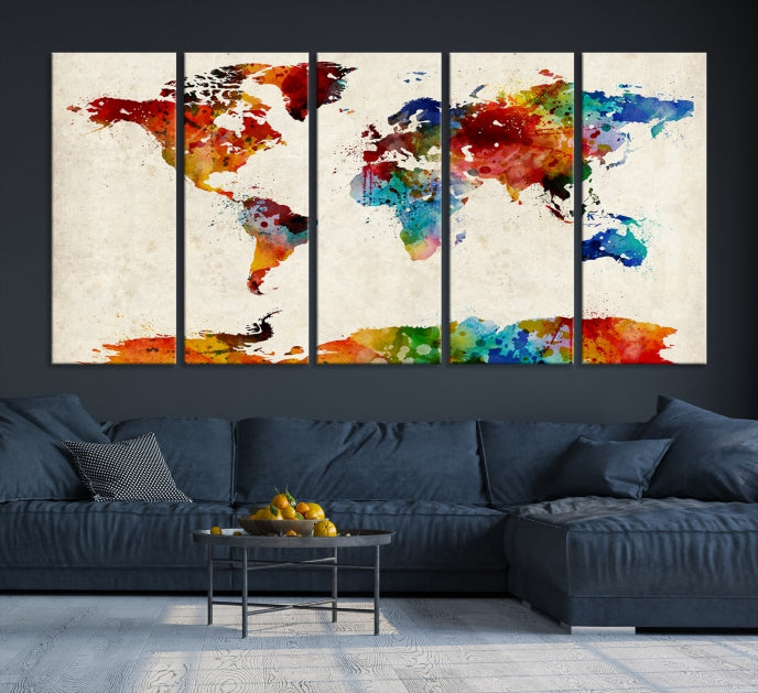 Large Wall Art World Map Watercolor Canvas Print