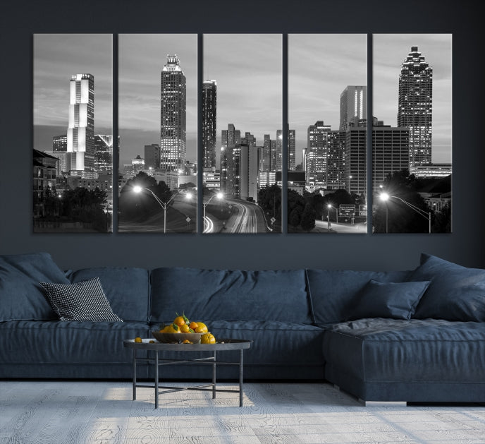 Atlanta City Cloudy Skyline Black and White Cityscape Canvas Print