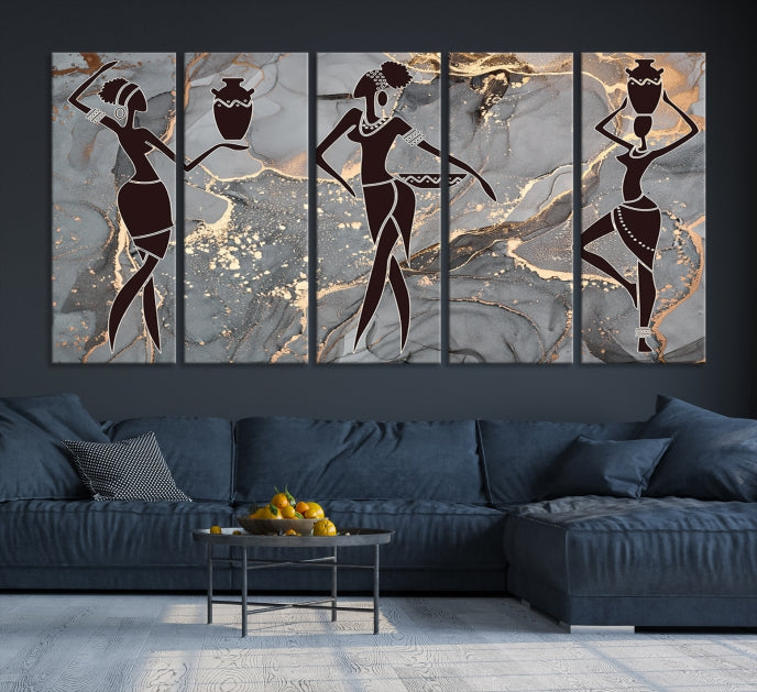 Gray Gold African Women Canvas Art Print Framed Ready to Hang