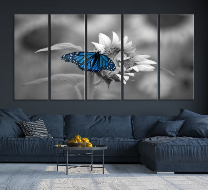 Pretty Blue Butterfly Black and White Canvas Wall Art Print Framed Ready to Hang