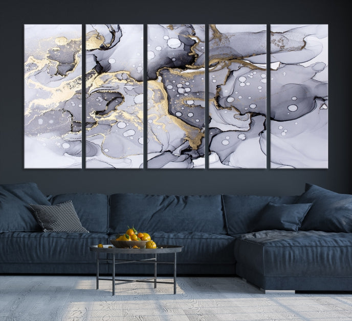 Gray Gold Abstract Painting on Giclee Canvas Wall Art Print Framed