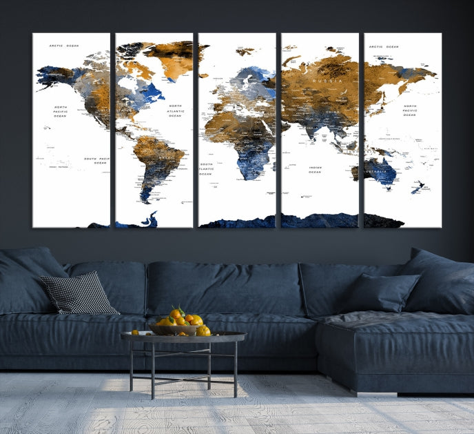 Push Pin Watercolor World Map Framed Canvas Wall Art Print