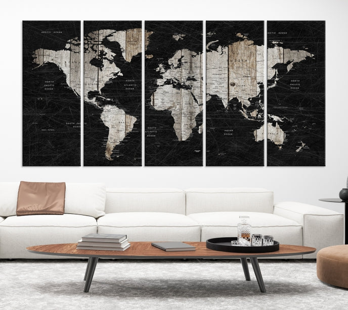 Black Push Pin World Map Detailed Framed Wall Art Canvas Print