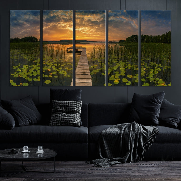 Flowers and Sunset at Lake Wall Art Natural Landscape Canvas Print