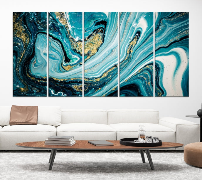 Turquoise Gold Marble Modern Abstract Painting Large Canvas Wall Art Giclee Print