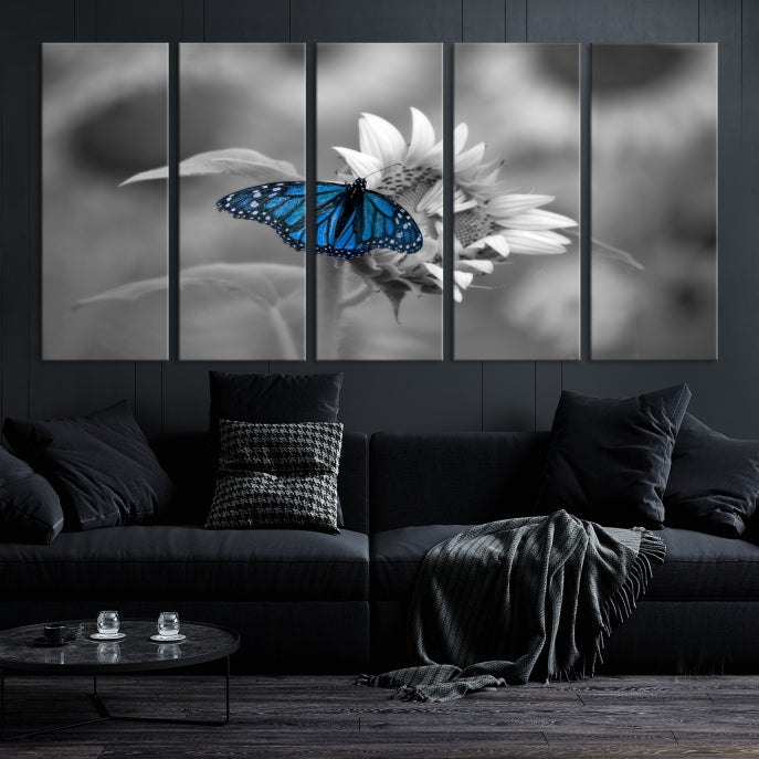 Pretty Blue Butterfly Black and White Canvas Wall Art Print Framed Ready to Hang