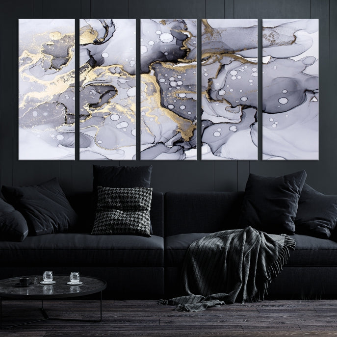 Gray Gold Abstract Painting on Giclee Canvas Wall Art Print Framed