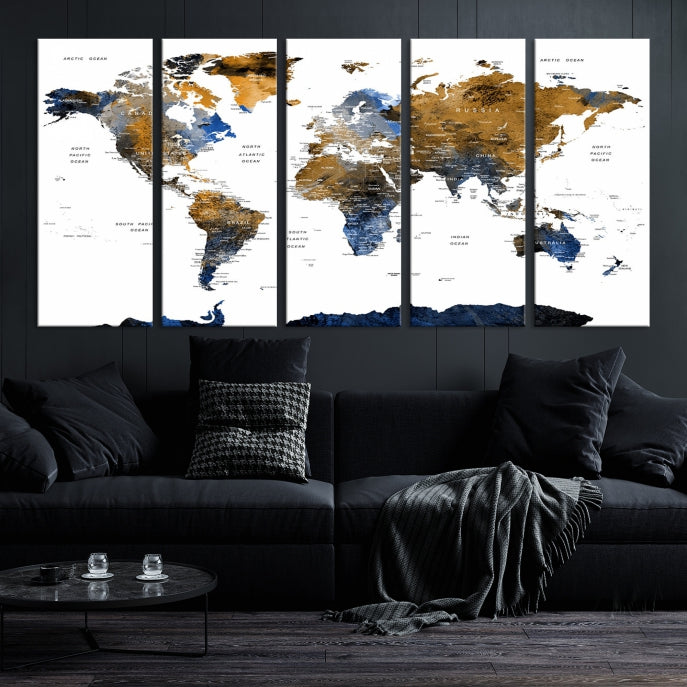 Push Pin Watercolor World Map Framed Canvas Wall Art Print