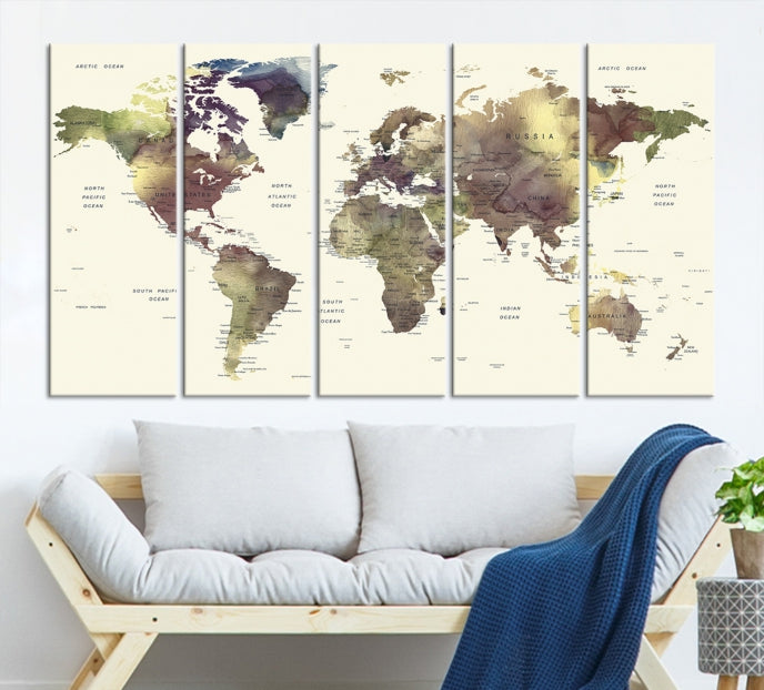 Vivid Colors Detailed World Map Wall Art Push Pin Travel Map Canvas Print