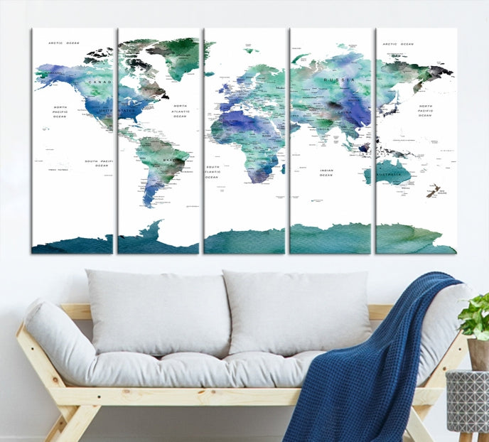 Vivid Colored World Map Push Pin Travel Map Canvas Wall Art Giclee Print