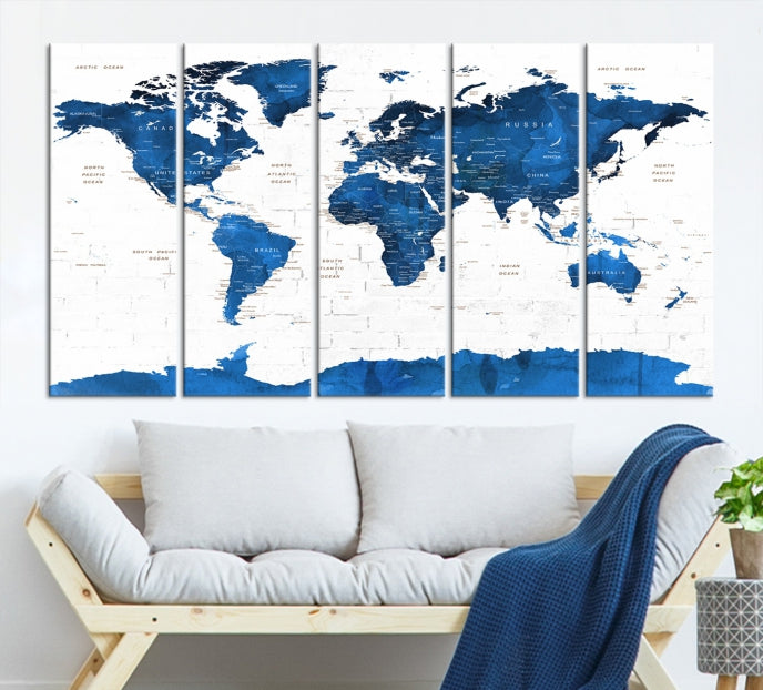 Blue Extra Large Framed Push Pin World Map Wall Art Canvas Print