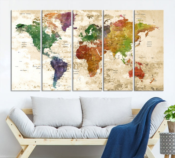 Push Pin World Map Canvas Print with Brownish Background Extra Large Framed Map Poster