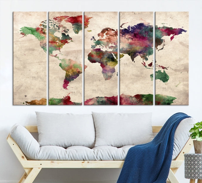 Colorful Watercolor World Map Framed Canvas Wall Art Giclee Print