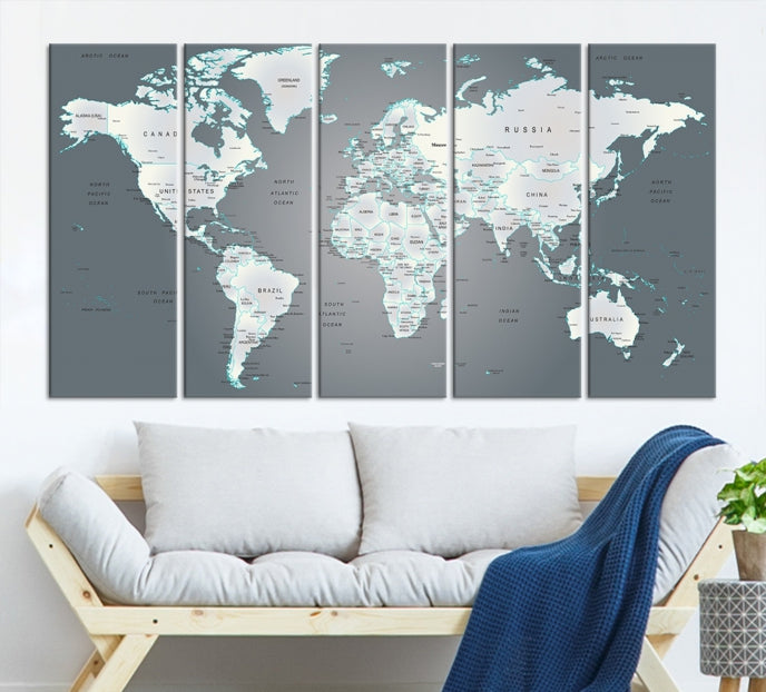 Gray World Map Push Pin Travel Map Canvas Wall Art Giclee Print