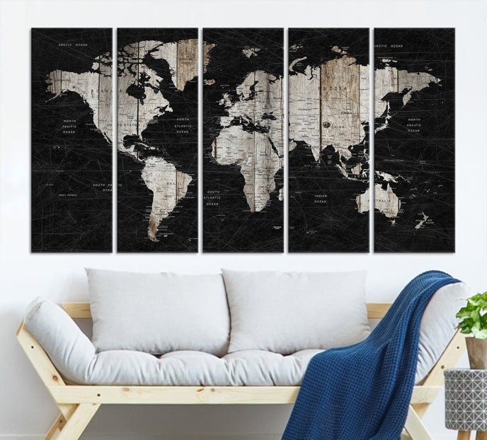 Black Push Pin World Map Detailed Framed Wall Art Canvas Print