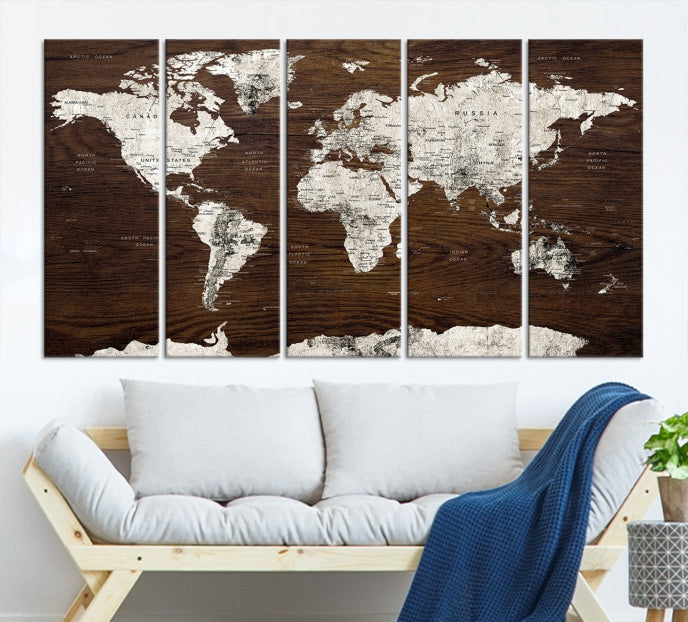 White Coloured World Map on Brown Background Large Canvas Print Wall Art